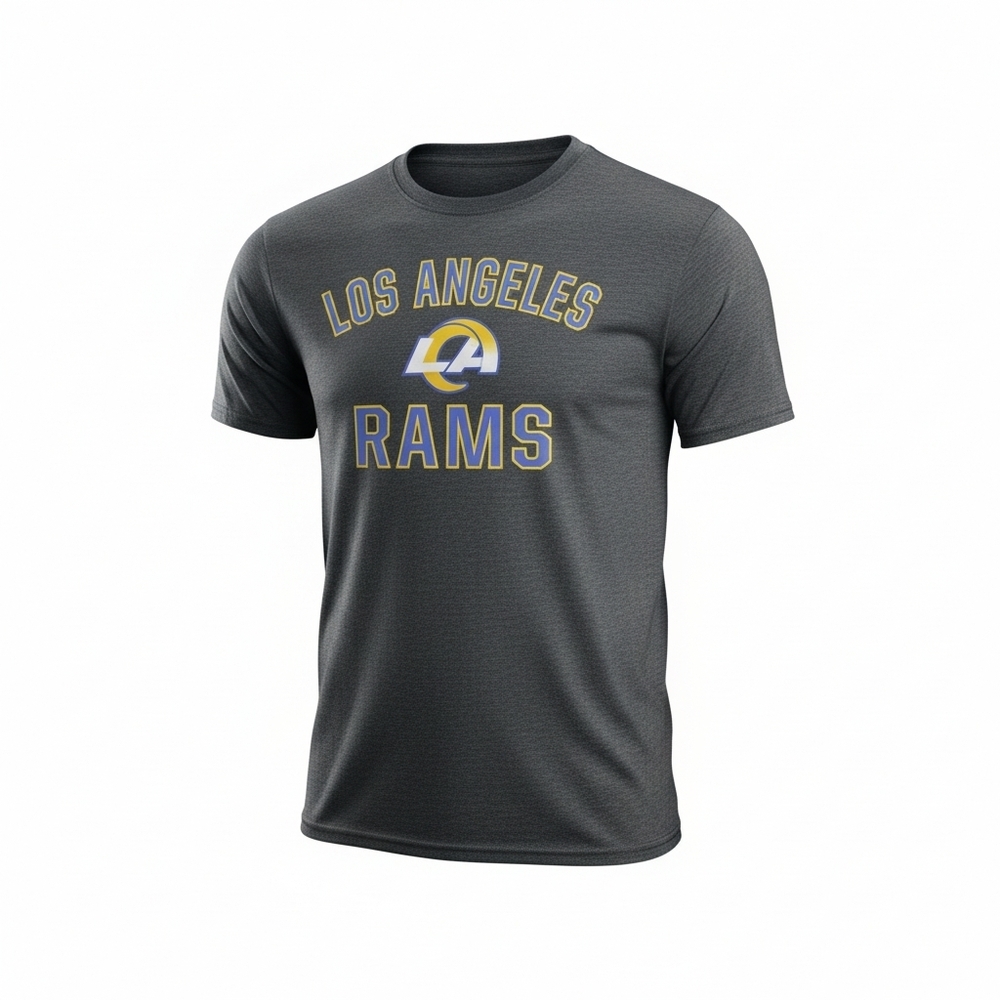 LA Rams Dark Gray Crewneck tee shirt with Yellow and Blue Print